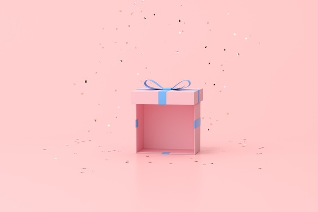 Minimal trendy scene of gift box on golden confetti, 3D rendering.