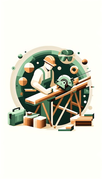 A minimal vector style illustration of a carpenter at a building site