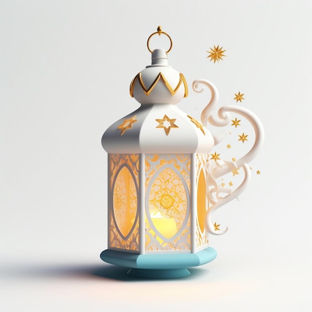 Minimal White Design of Ornamental Arabic Lantern with Burning Candle and Moon for Muslim Holy Month Ramadan Kareem Generative AI