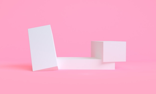 Minimal white geometry Abstract shape mock up with podium for product display on pink background, 3D Render