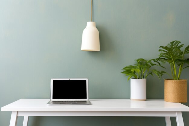 Minimal white home working space interior design with computer mockup on a table