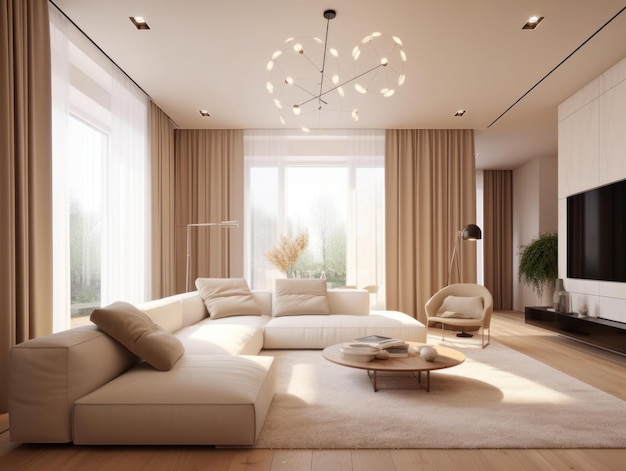 Minimal white modern living room with modern comfortable furniture Generative AI