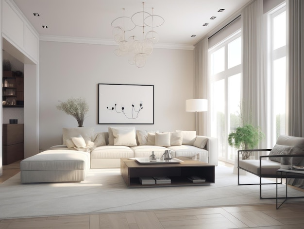 Minimal white modern living room with modern comfortable furniture Generative AI