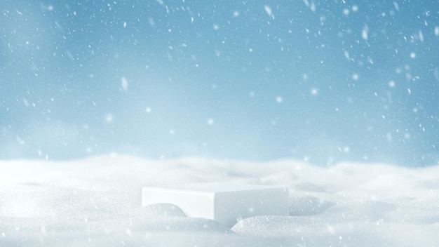 Minimal white podium with snowfall on snow background.