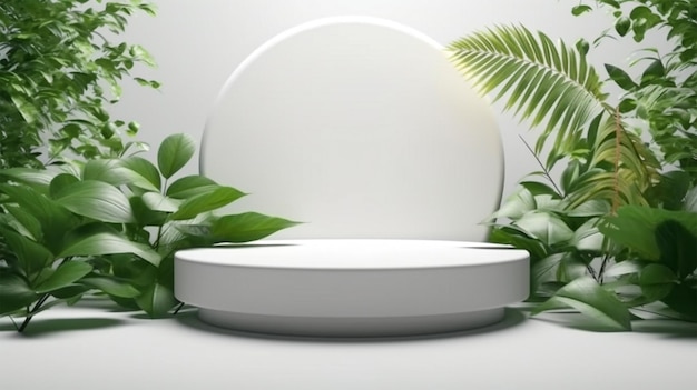 Minimal white podium with soft leaves shadow overlay and sunlight Tropical palm leaf element for showcase product presentation cosmetic skincare beauty treatment product