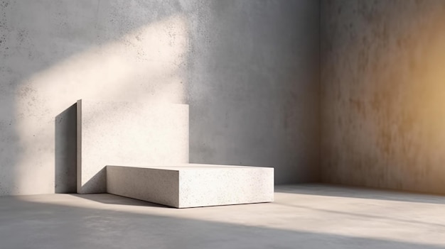 Minimal white square concrete podium in sunlight shadow Generative AI