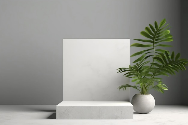 A minimal white square podiuam with a plant next to itPerfect for Displaying Luxury products