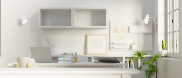 Minimal white workspace with office supplies, copy space, 3D rendering, 3D illustration