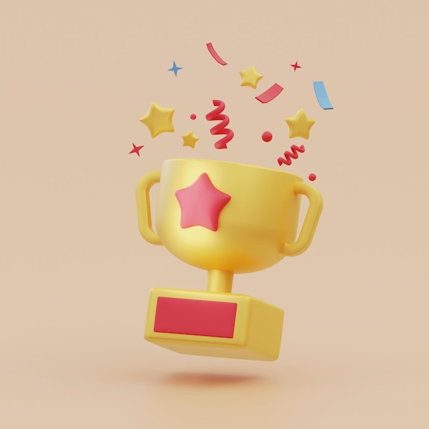 Minimal Winner Gold Trophy Cup and star confetti 3d rendering