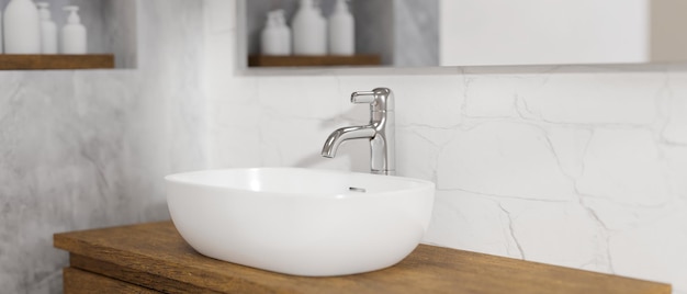 Minimal wood bathroom countertop with ceramic vessel sink faucet and mirror on white wall