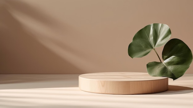 Minimal wooden podium with leaves Illustration AI GenerativexA