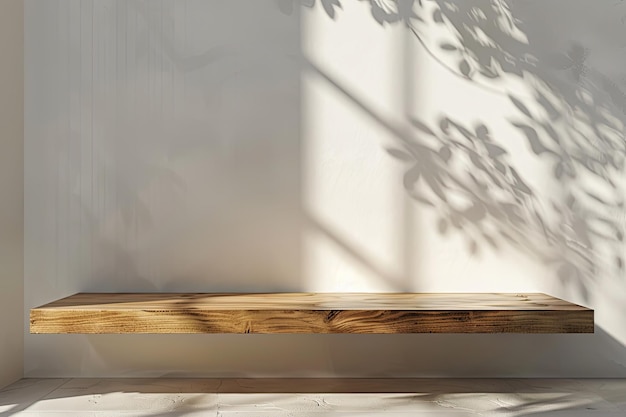 Minimal Wooden Table Podium in Sunlight with Shadow on Wall