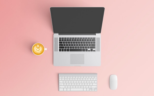 Minimal workspace with coffee cup and laptop on pink color