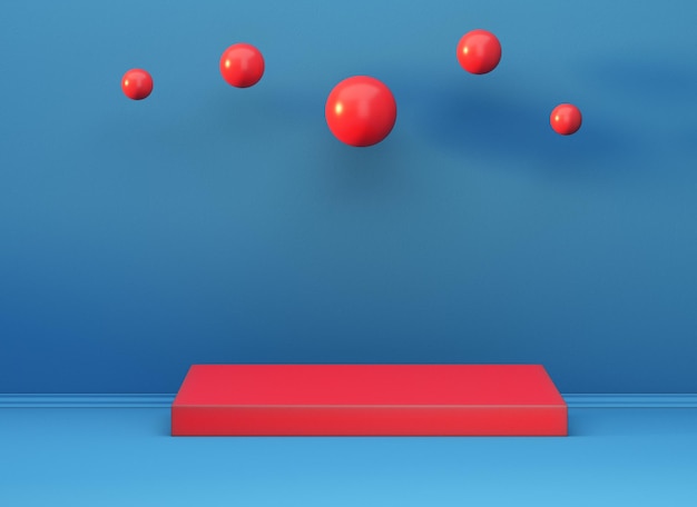 Minimalism blue interior scene with podium for display product and abstract spheres