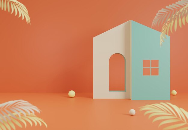 Minimalism house mock up selective focus with tropical palm leaves as foreground home family concept for advertising 3D rendering illustration