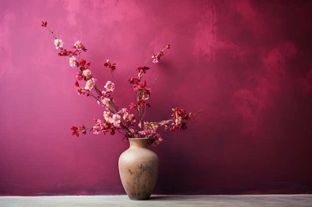 minimalism image of ceramic vase with branches of flower on a table on magenta wall with copy space