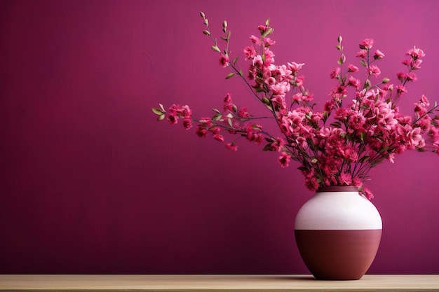 minimalism image of vase with an flower on a table on magenta wall with copy space