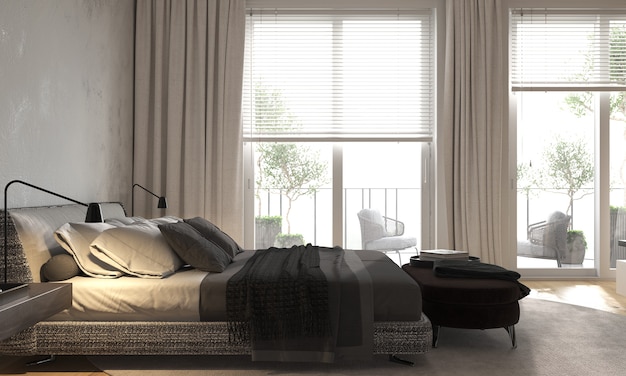 Minimalism modern interior bedroom with panoramic windows with bed and bedside tables and bench. 3d rendering.