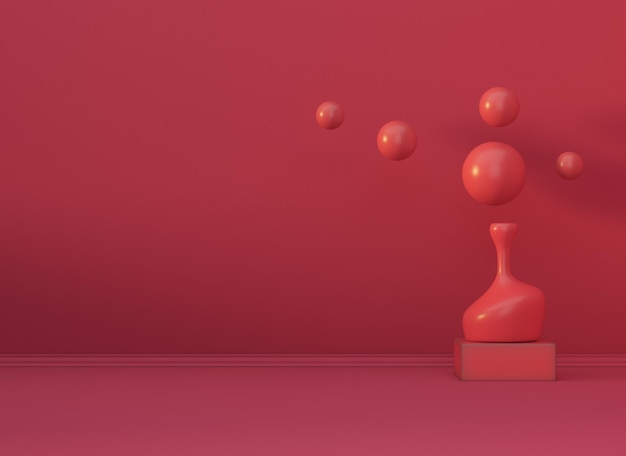 Minimalism red color interior scene with vase and abstract spheres