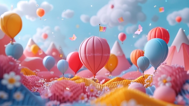 Minimalist 3D cartoon scene of a Memorial Day parade with colorful balloons a small marching band and spectators waving flags Generative AI