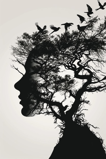 Minimalist 3D depiction of a womans silhouette as a robust oak tree