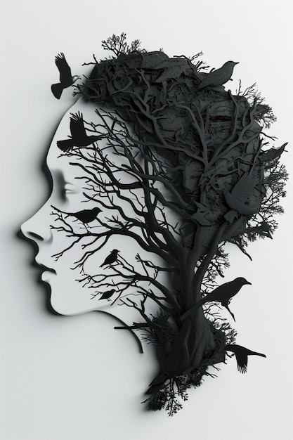 Minimalist 3D depiction of a womans silhouette as a robust oak tree