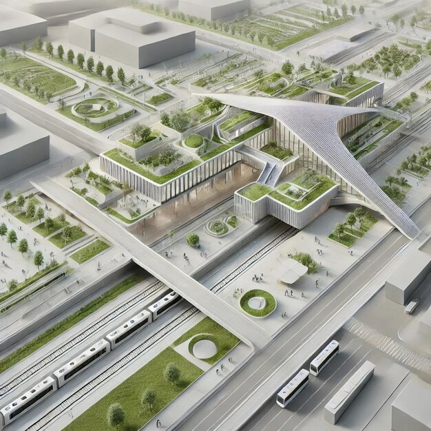 Photo a minimalist 3d design of a sustainable transportation hub with green spaces and modern features