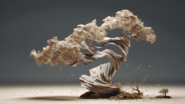 Photo minimalist 3d paper sculpture of a windswept bonsai tree with delicate leaves and twisted trunk a modern artistic representation of nature in neutral tones with subtle golden accents