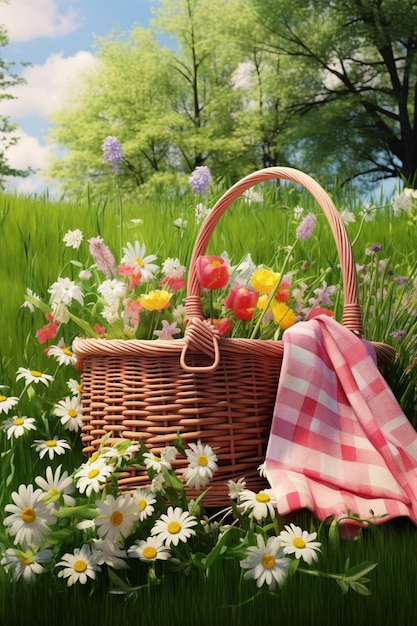 a minimalist 3D picnic basket with a checkered cloth and a few spring flowers