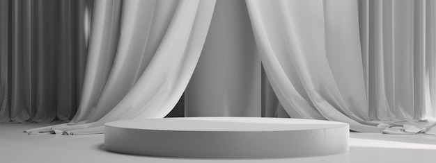 minimalist 3d render of a round podium with light gray curtains