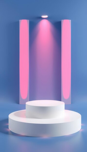 Minimalist 3D render of two white circular podiums against a blue and pink background