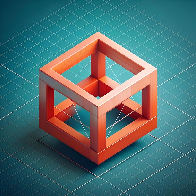 A minimalist 3D rendering of an orange cube frame against a blue grid backdrop