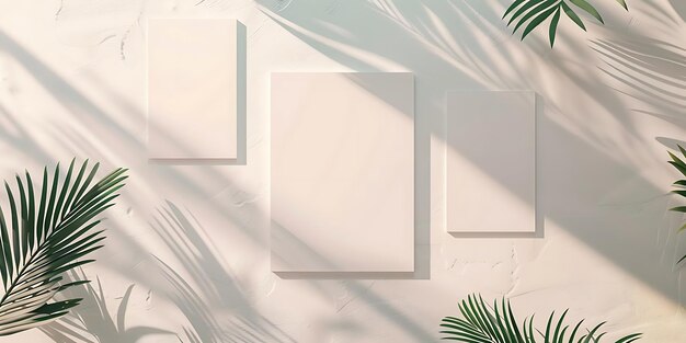 Photo minimalist 3d rendering of white mockup with palm leaf shadows