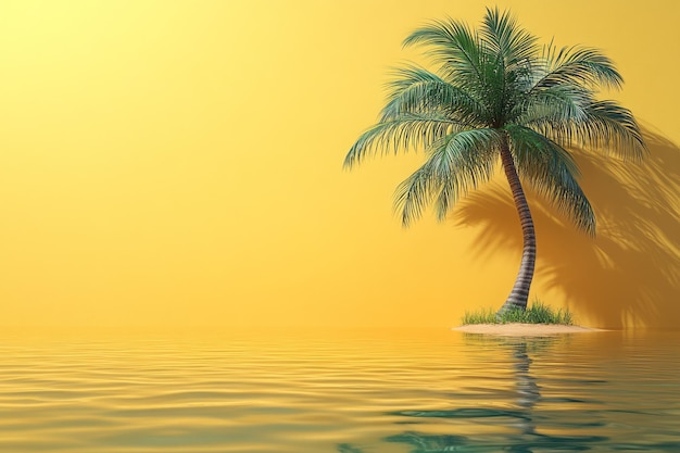 Photo a minimalist 3d scene of a lone palm tree casting a long shadow over a small oasis with ripples forming in the water isolated on a pastel yellow background