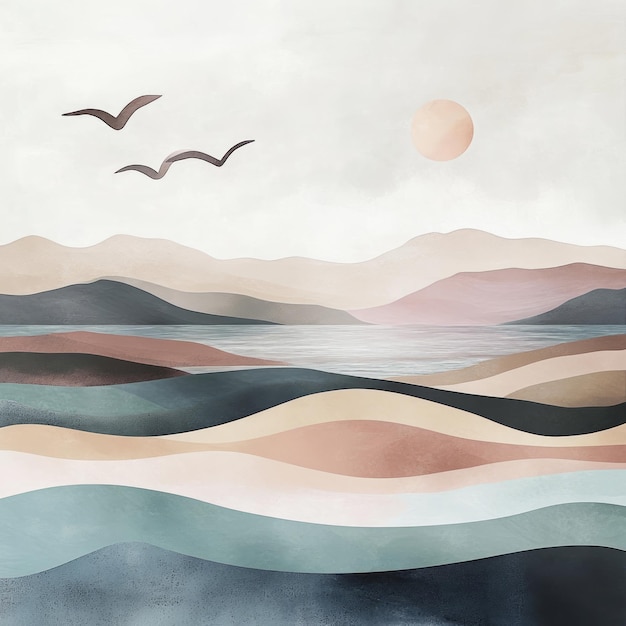 Photo minimalist abstract painting of a mountain range with a lake and a sun in the sky