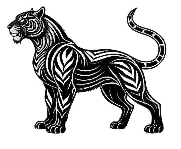 A minimalist abstract tiger with intricate geometric patterns and shapes standing in a powerful and