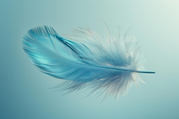 Minimalist aesthetic of a cyan feather floating in the air against a soft neutral background