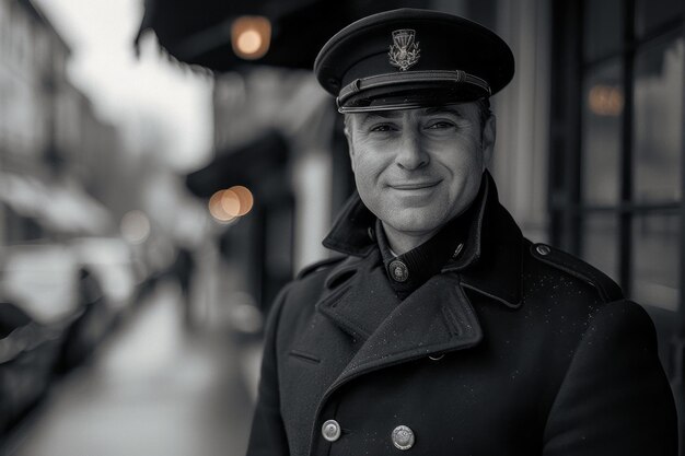 Minimalist aesthetic image of a doorman in uniform welcoming guests with a warm smile