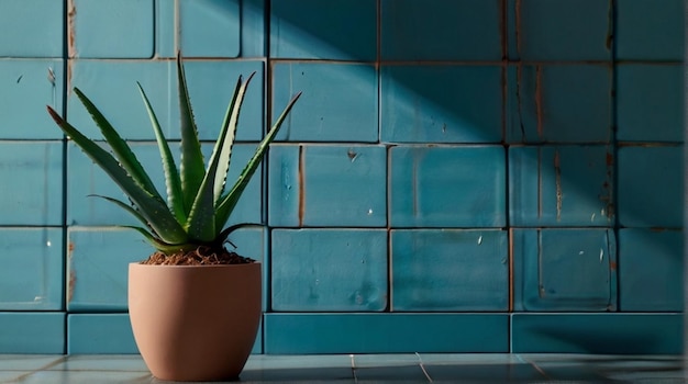 Photo minimalist aloe vera plant on blue wall interior zoom background