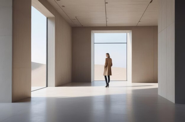 minimalist architectural design in beige tones female figure in sunlit stark concrete space