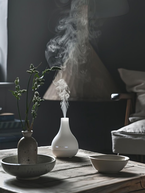 Photo minimalist aromatherapy diffuser emitting vapor in a cozy living room with warm relaxing atmosphere