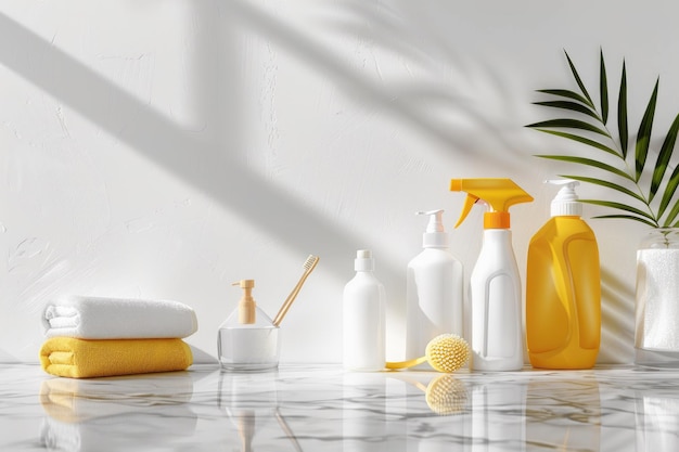 A minimalist array of ecofriendly cleaning supplies on a marble countertop