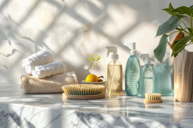 A minimalist array of ecofriendly cleaning supplies on a marble countertop