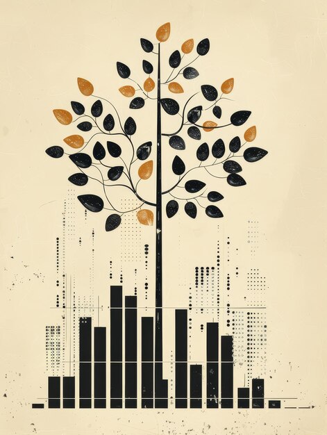 Photo a minimalist art print featuring a stylized tree with golden leaves growing through a black and