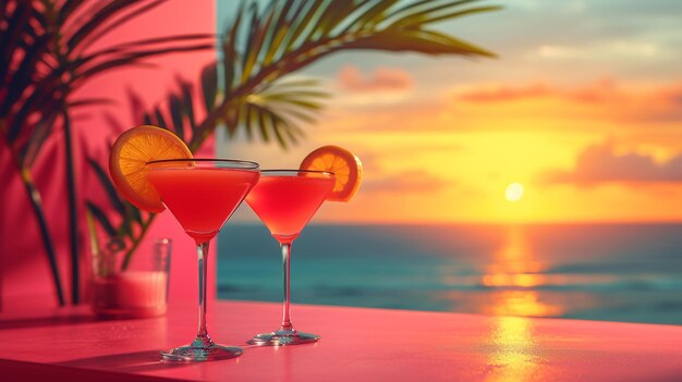 A minimalist backdrop featuring colorful summer cocktails evokes the ambiance of a tropical getaway