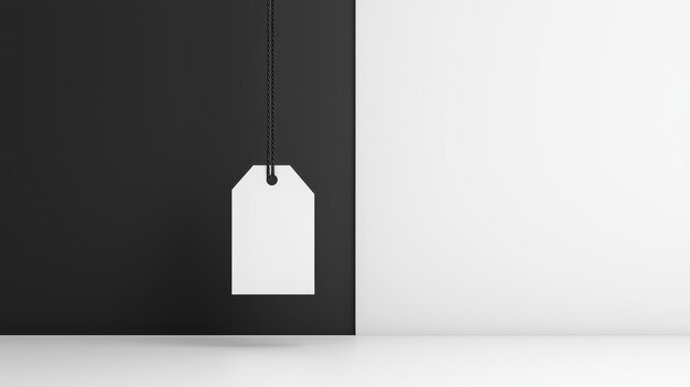 Minimalist background showing a single sale tag hanging from a product display clean black and white design with ample text space