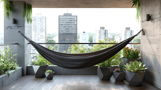 Photo a minimalist balcony featuring a sleek modern hammock and a selection of succulents in geometric pot