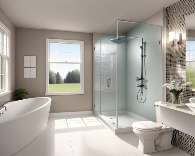 Minimalist bathroom design in white cream equipped with a bathtub and glass walls