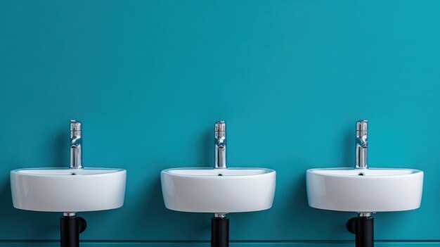 Photo minimalist bathroom interior with three white sinks aligned against a bright blue wall showcasing modern design and simplicity