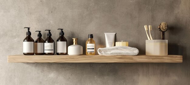 Photo minimalist bathroom shelf with stylish bottles and towels creating serene atmosphere